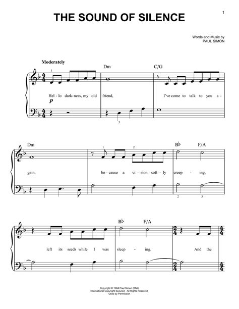 Free Printable Sound Of Silence Piano Sheet Music Easy
